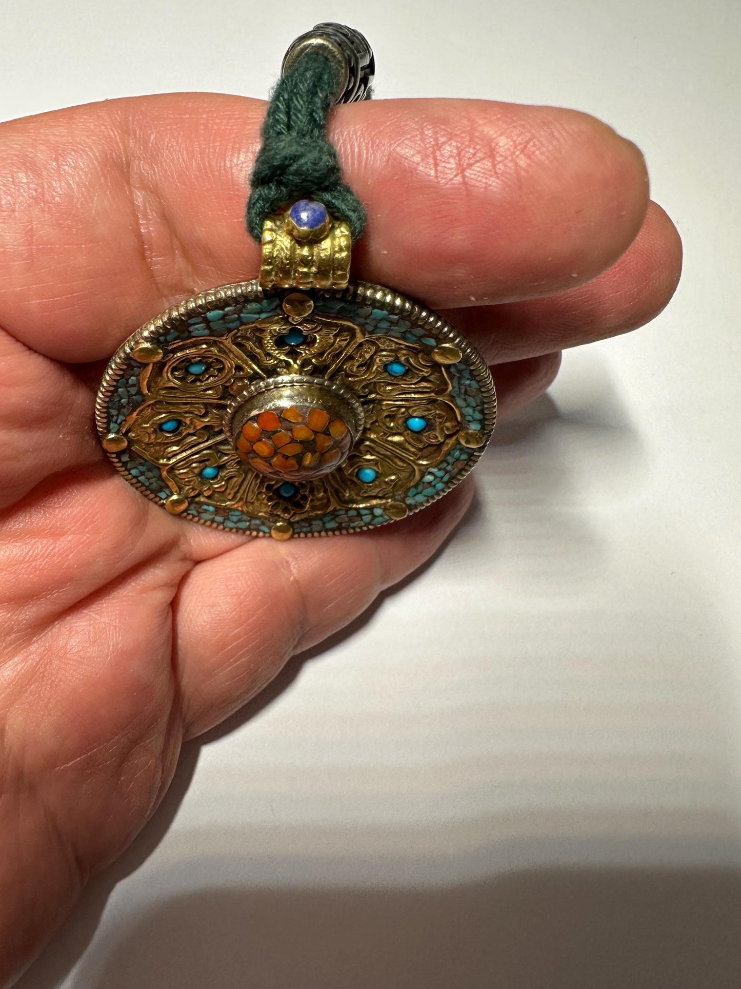 Tibetan Brass Pendant: Eight Auspicious Symbols, Turquoise & Coral Inlay