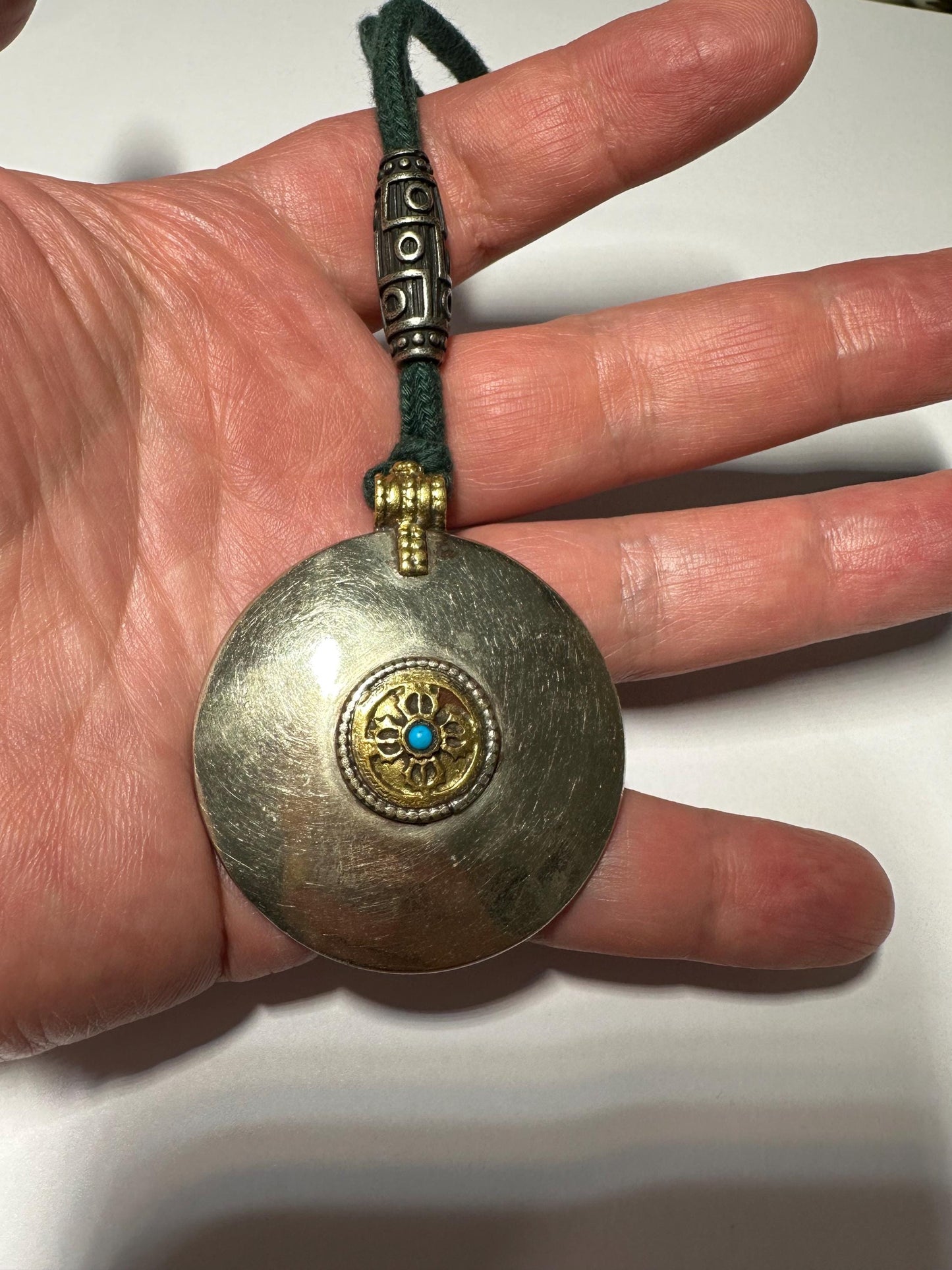 Tibetan Brass Pendant: Eight Auspicious Symbols, Turquoise & Coral Inlay