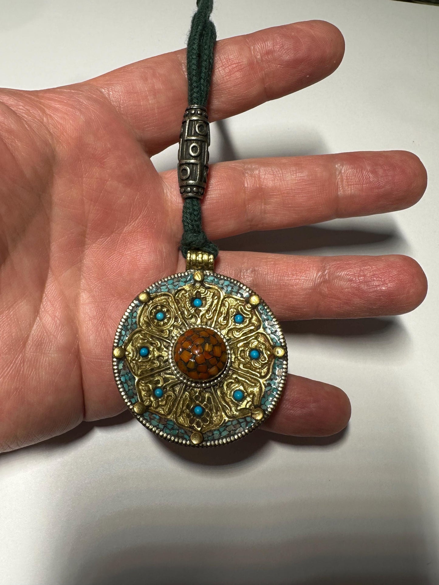 Tibetan Brass Pendant: Eight Auspicious Symbols, Turquoise & Coral Inlay