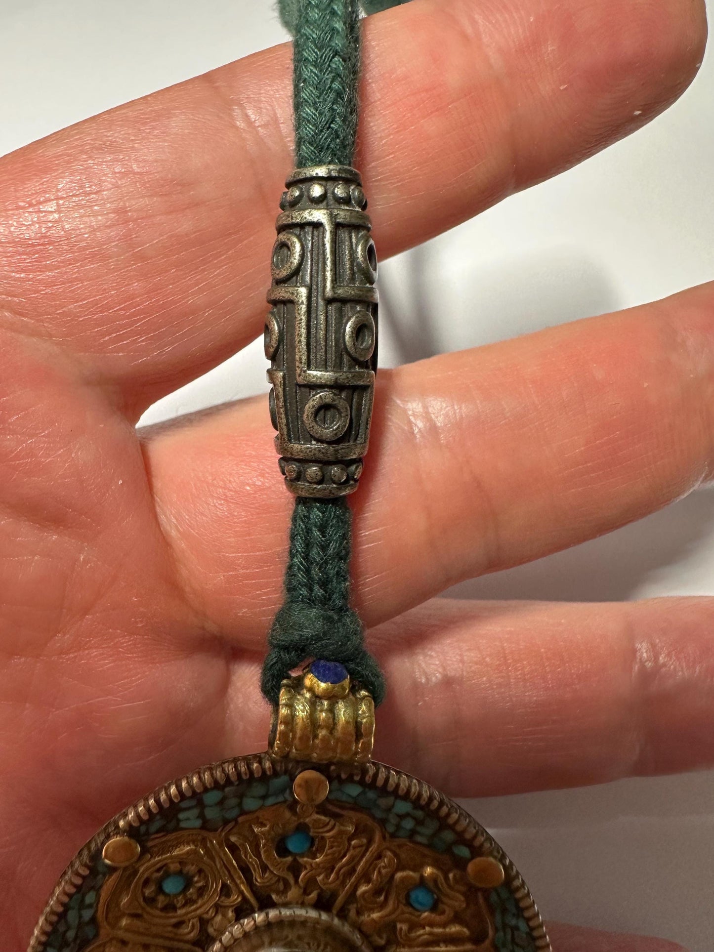 Tibetan Brass Pendant: Eight Auspicious Symbols, Turquoise & Coral Inlay