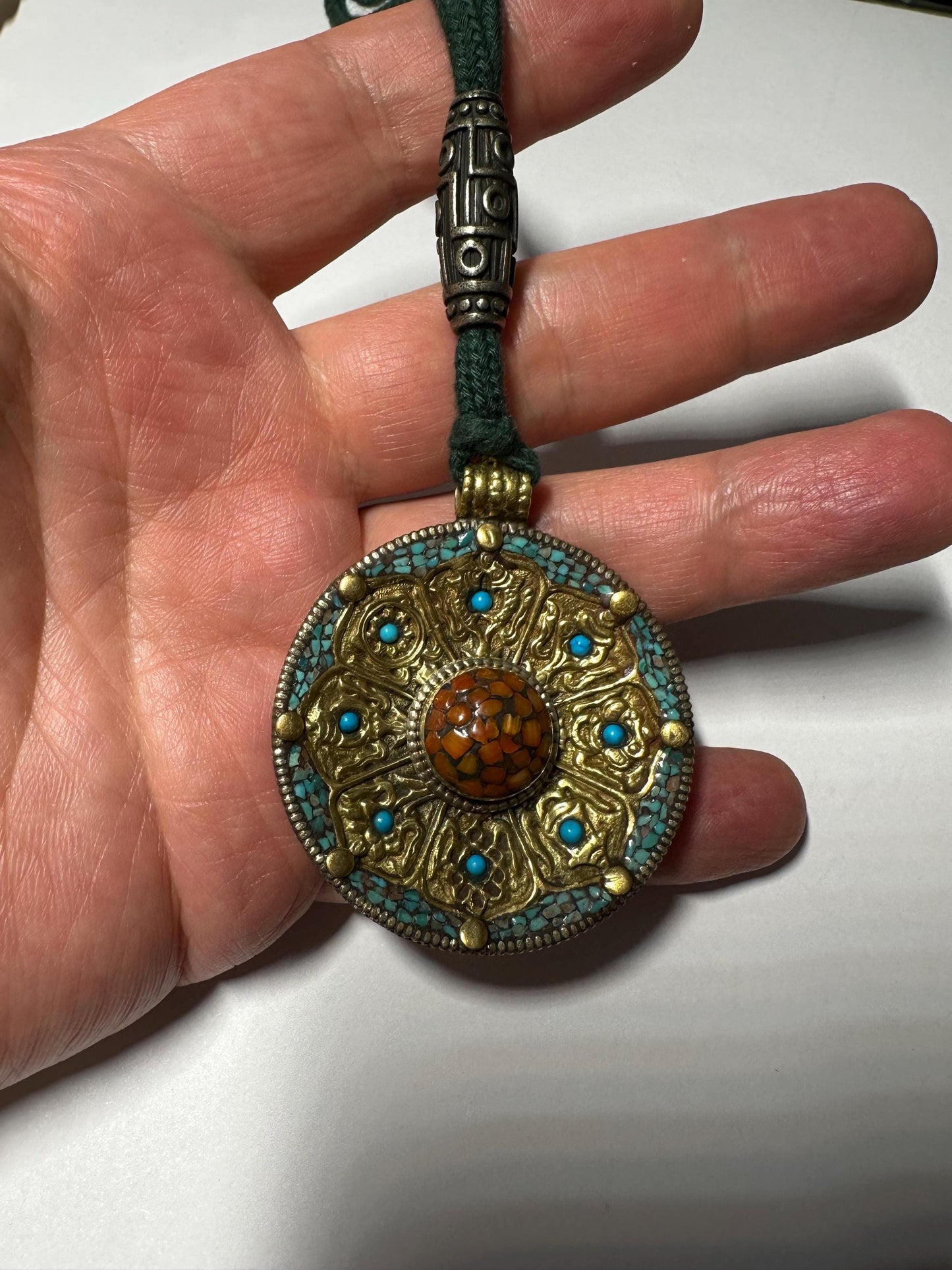 Tibetan Brass Pendant: Eight Auspicious Symbols, Turquoise & Coral Inlay