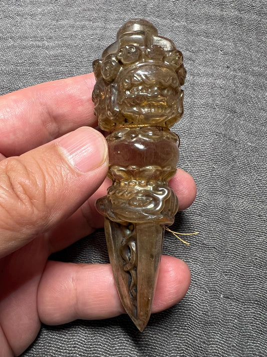Vintage Clear Quartz Phurba – Hand-Carved Tibetan Ritual Dagger – Vajrakilaya Quartz Dagger for Altar & Protection