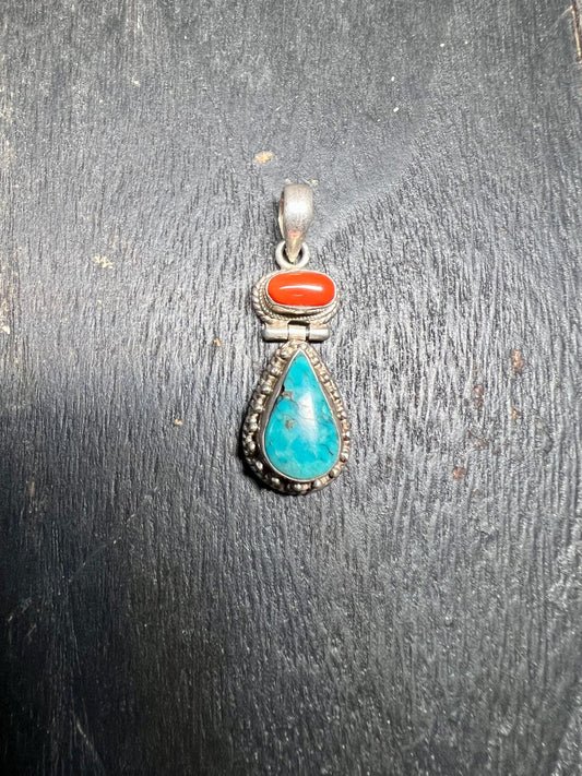 Vintage Tibetan Turquoise & Coral Pendant: Sterling Silver Boho Amulet