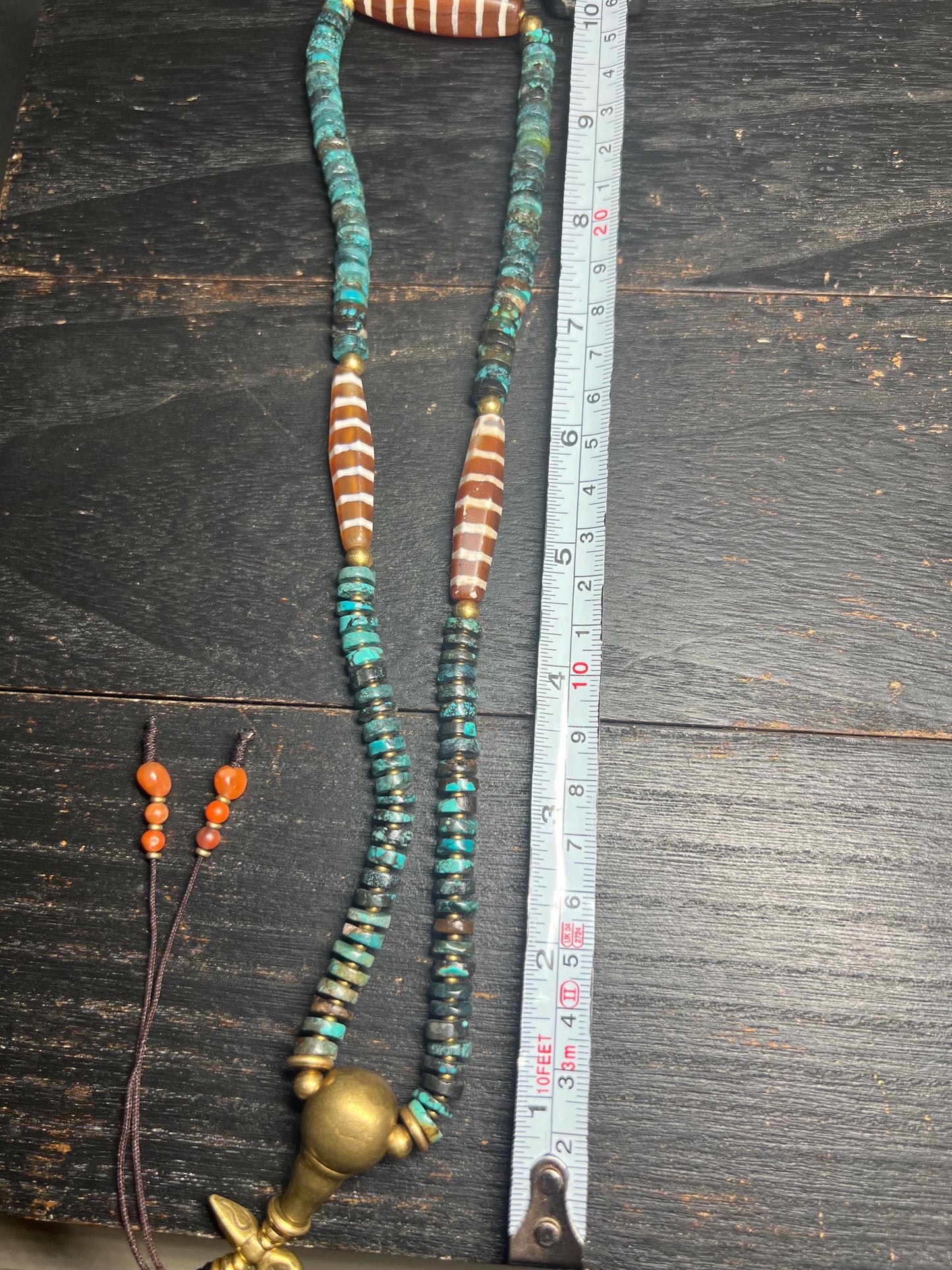 Tibetan Turquoise & Agate Mala Beads: Brass Vajra Pendant, Boho Meditation Necklace