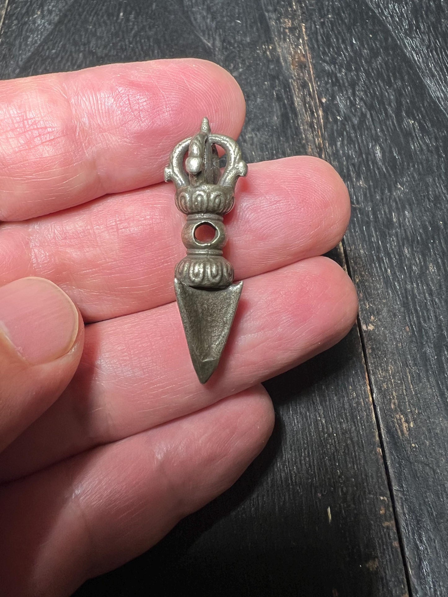 Vintage Tibetan White Brass Phurba Dagger Pendant – Handmade Buddhist Ritual Vajra Kila Talisman – Spiritual Protection Amulet