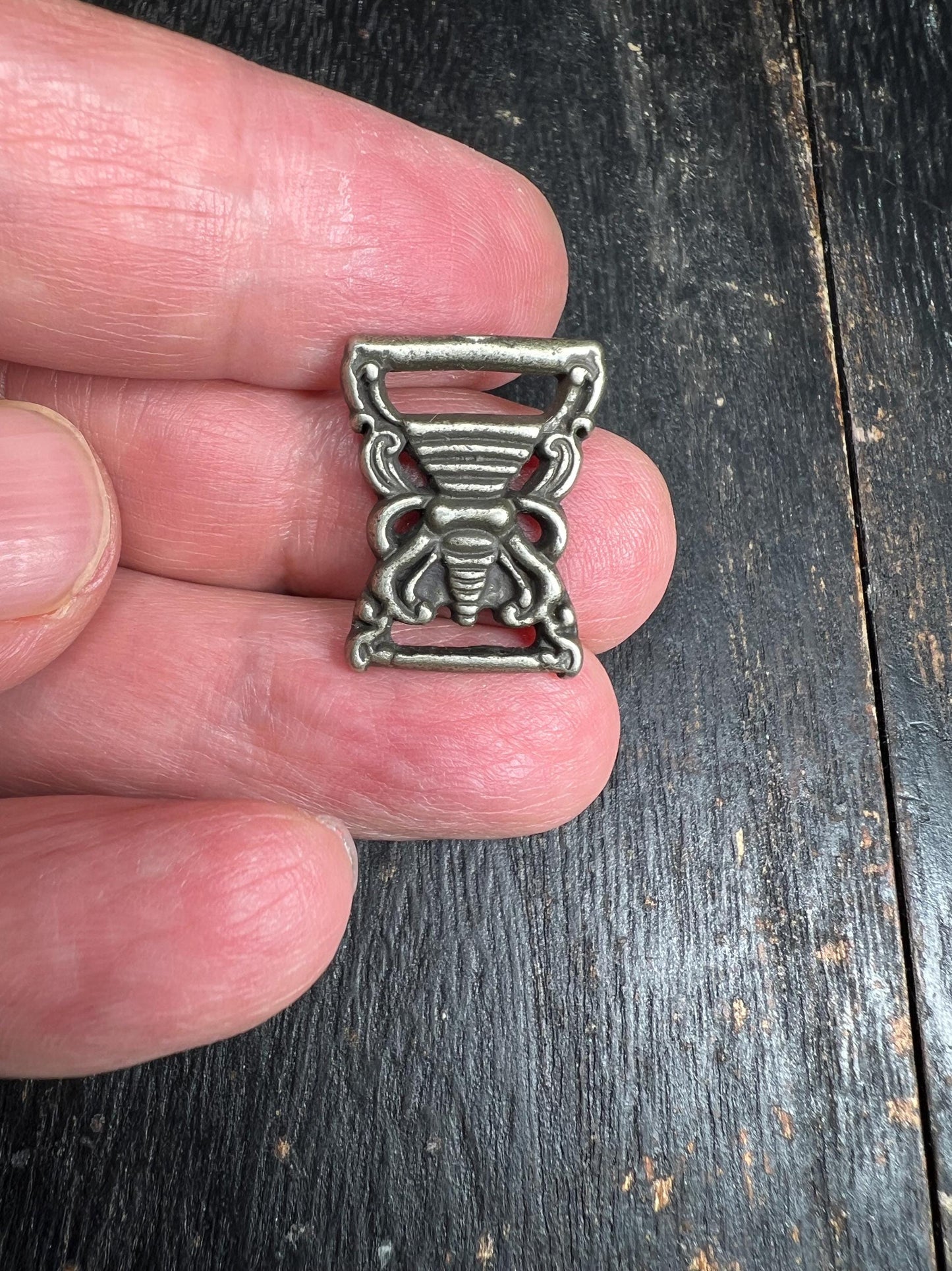 Vintage Tibetan Stupa Book Buckle: White Brass Buddhist Amulet