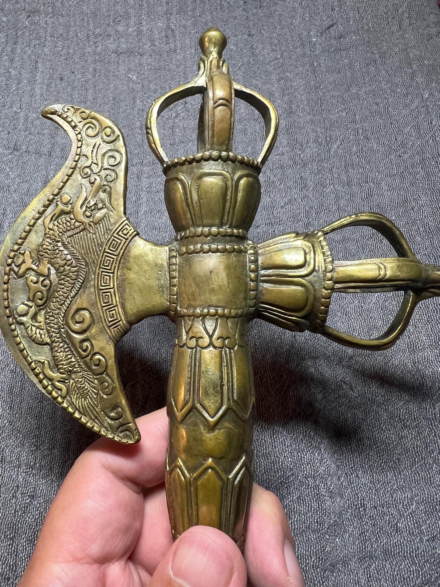 Tibetan Brass Dragon Phurpa Dagger: Buddhist Ritual Axe, Feng Shui Talisman