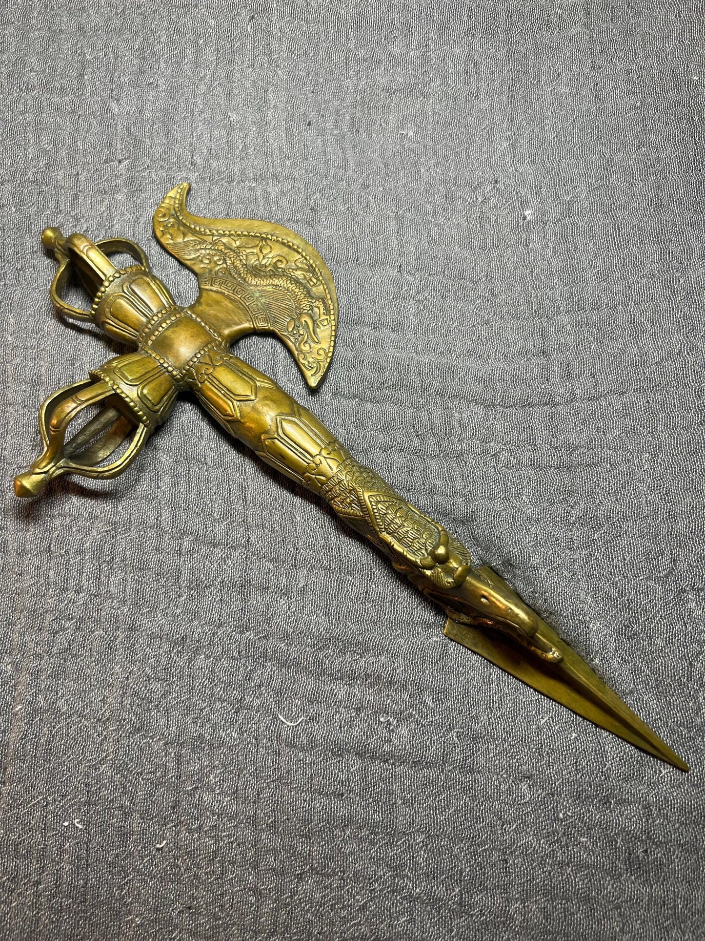 Tibetan Brass Dragon Phurpa Dagger: Buddhist Ritual Axe, Feng Shui Talisman