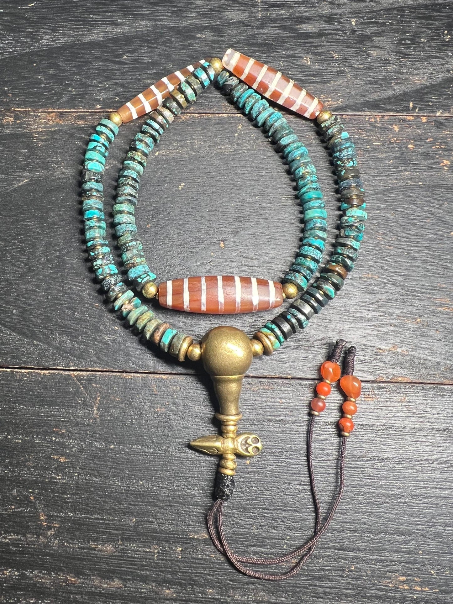 Tibetan Turquoise & Agate Mala Beads: Brass Vajra Pendant, Boho Meditation Necklace