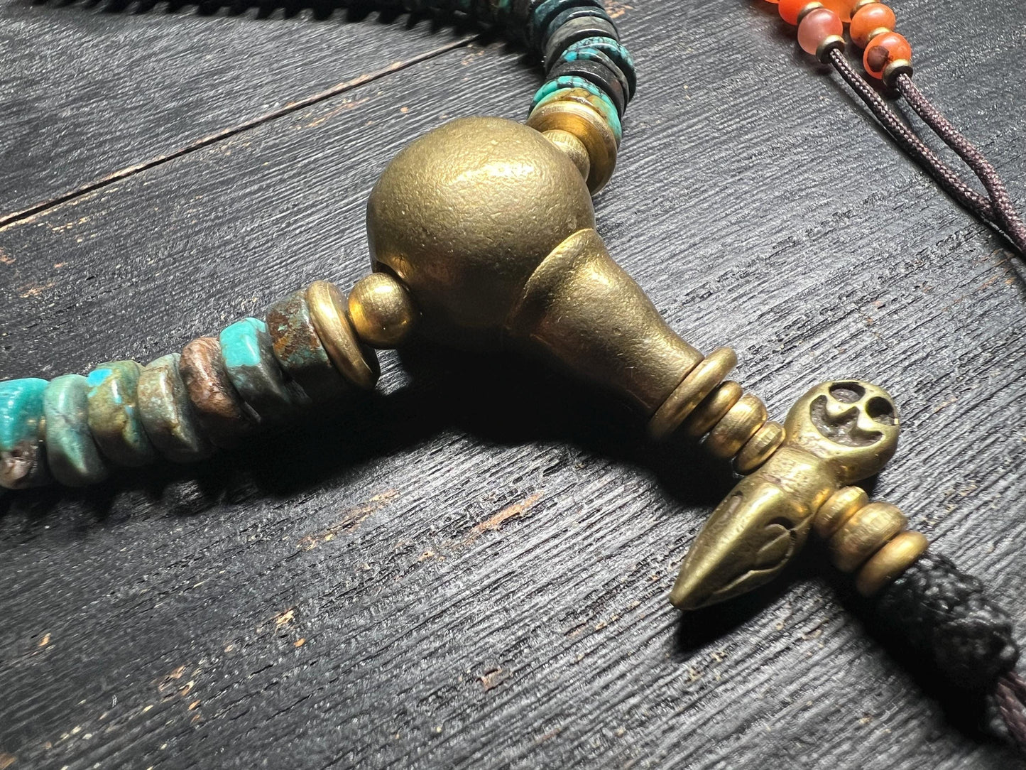 Tibetan Turquoise & Agate Mala Beads: Brass Vajra Pendant, Boho Meditation Necklace