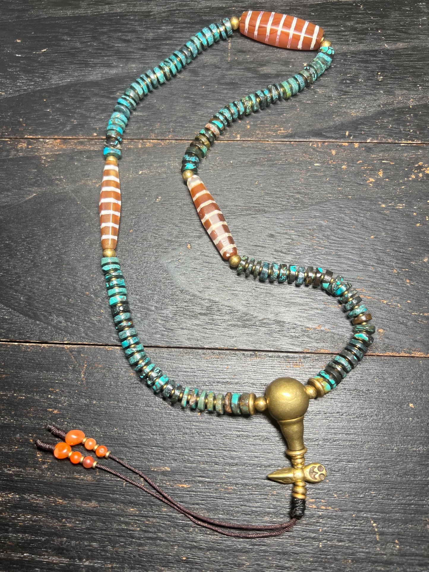 Tibetan Turquoise & Agate Mala Beads: Brass Vajra Pendant, Boho Meditation Necklace