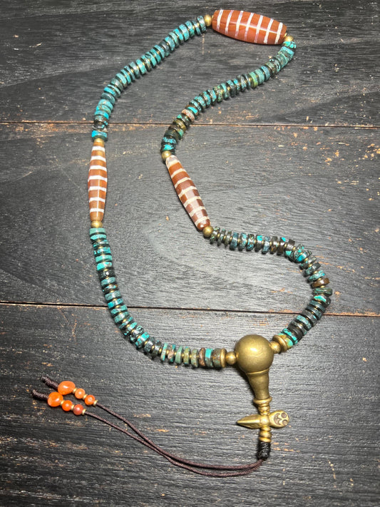 Tibetan Turquoise & Agate Mala Beads: Brass Vajra Pendant, Boho Meditation Necklace