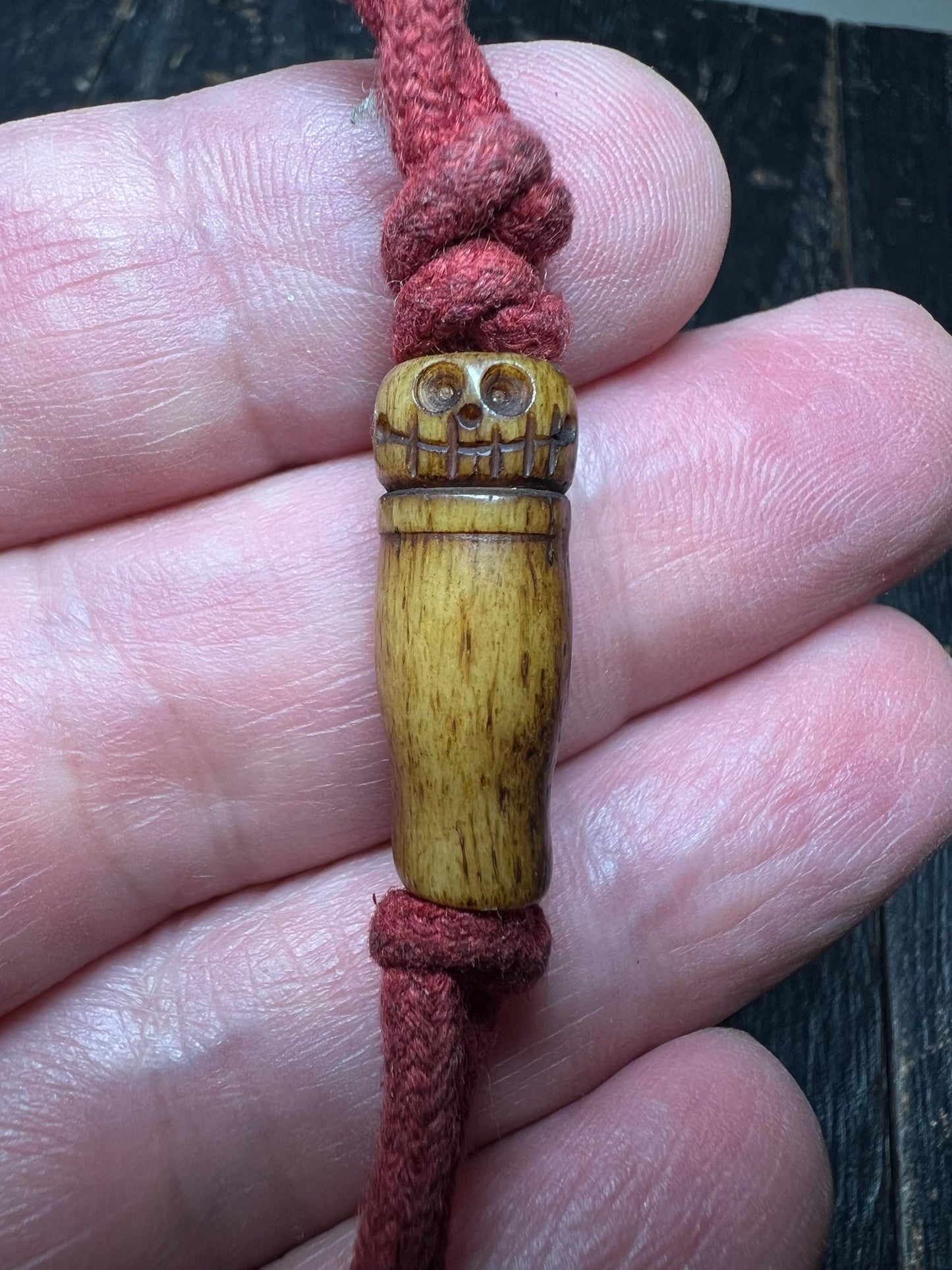 Hand-Carved Yak Bone Pendant with Red Tassel | Tibetan Amulet Charm | Spiritual Keychain or Mala Accessory