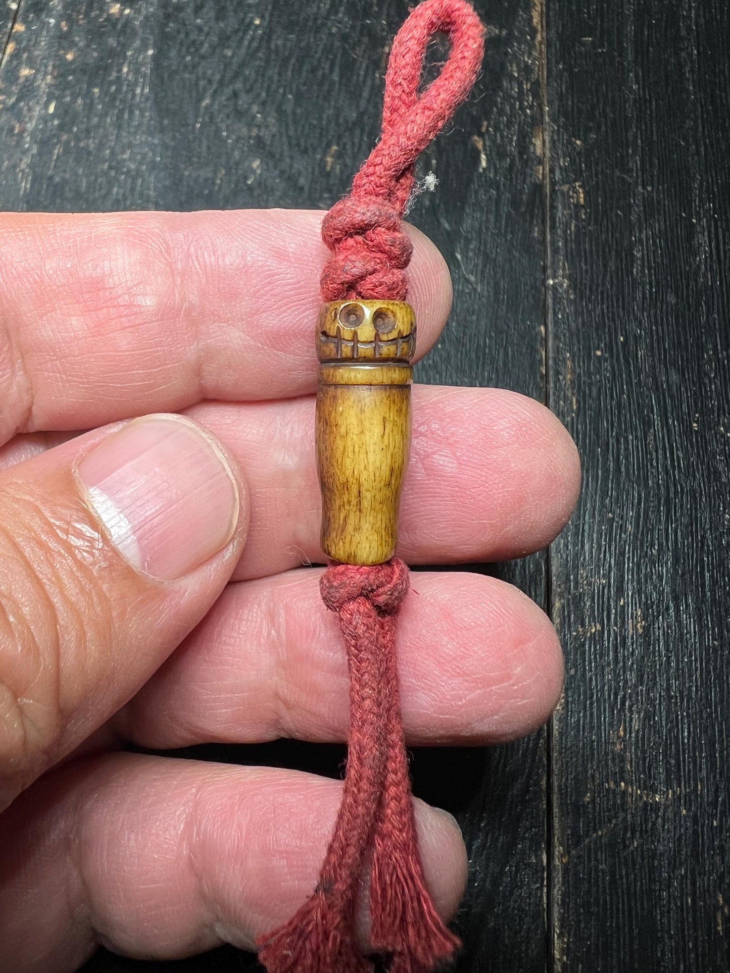 Hand-Carved Yak Bone Pendant with Red Tassel | Tibetan Amulet Charm | Spiritual Keychain or Mala Accessory