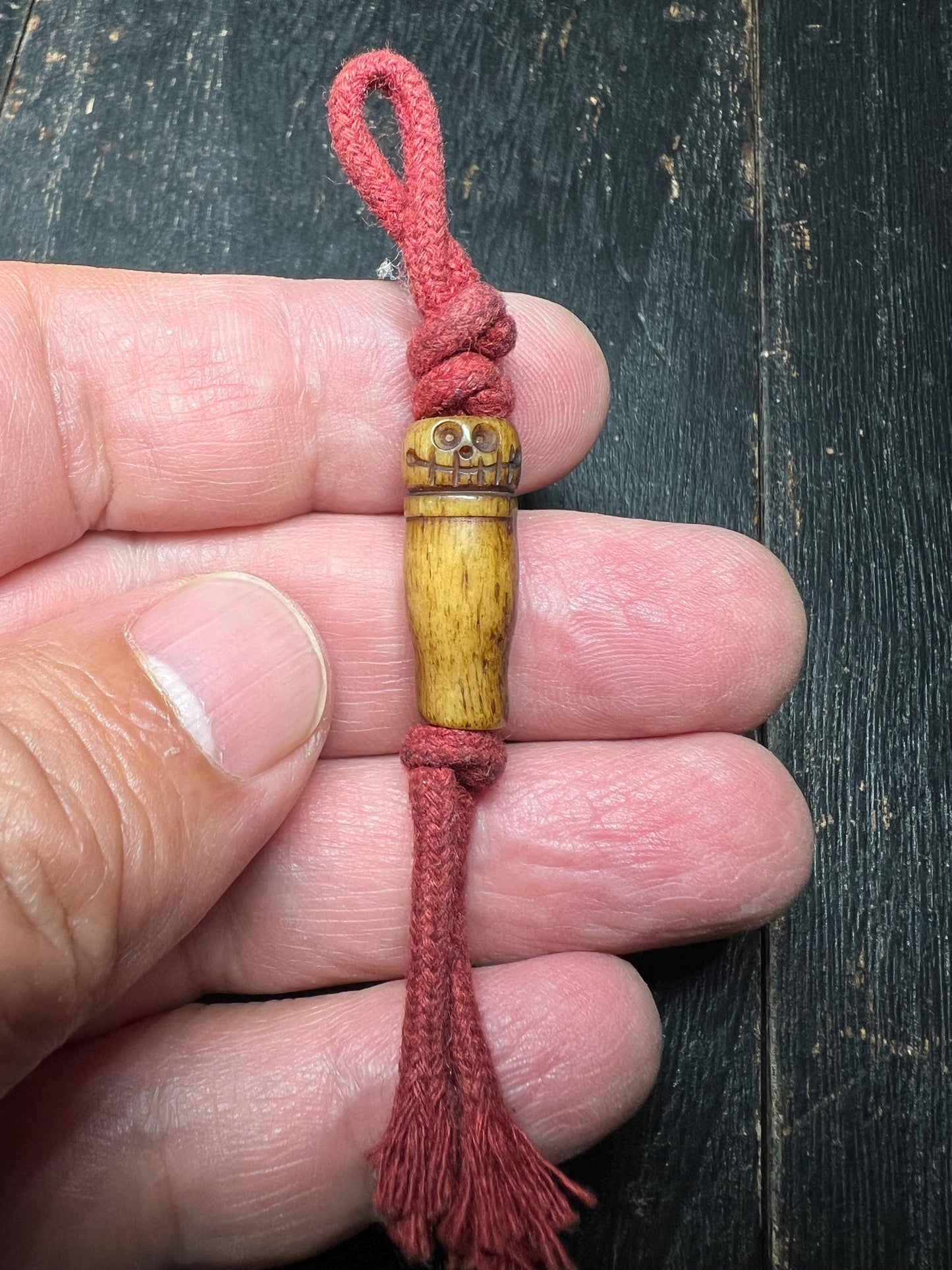 Hand-Carved Yak Bone Pendant with Red Tassel | Tibetan Amulet Charm | Spiritual Keychain or Mala Accessory