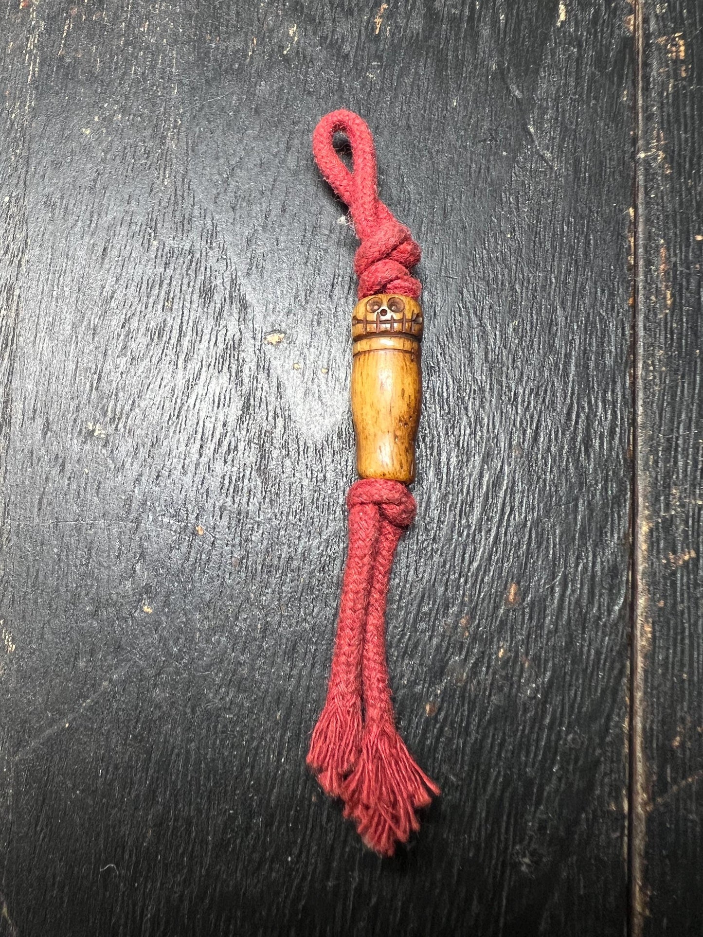 Hand-Carved Yak Bone Pendant with Red Tassel | Tibetan Amulet Charm | Spiritual Keychain or Mala Accessory