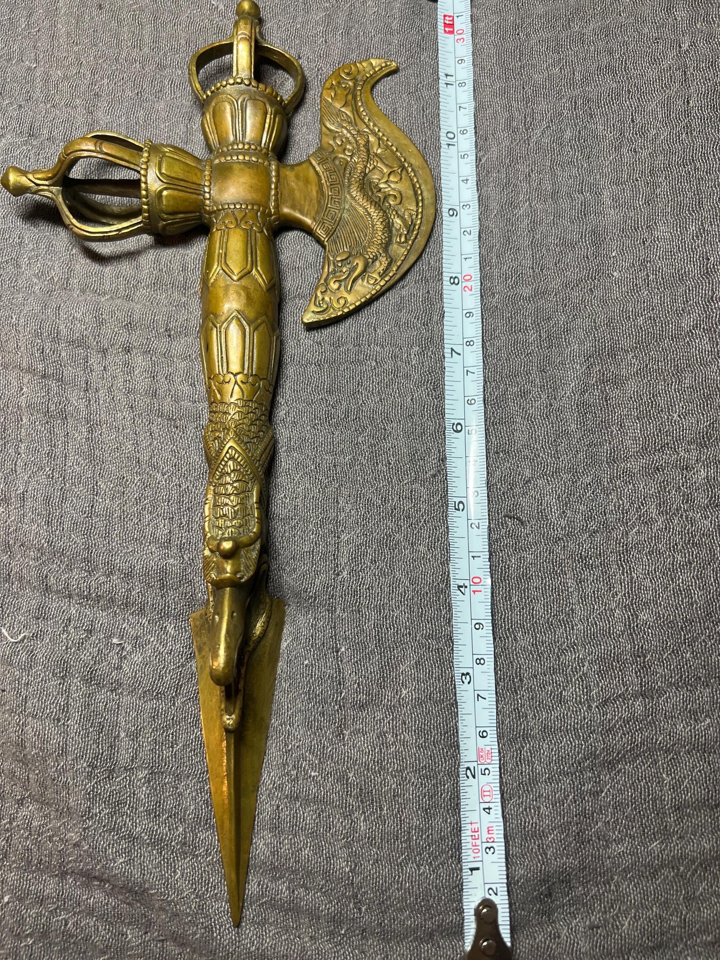 Tibetan Brass Dragon Phurpa Dagger: Buddhist Ritual Axe, Feng Shui Talisman