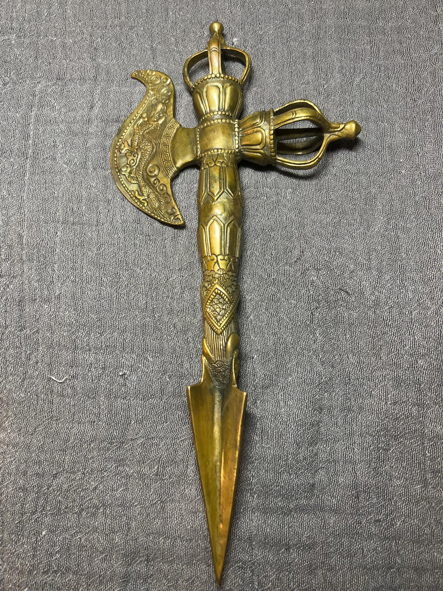 Tibetan Brass Dragon Phurpa Dagger: Buddhist Ritual Axe, Feng Shui Talisman