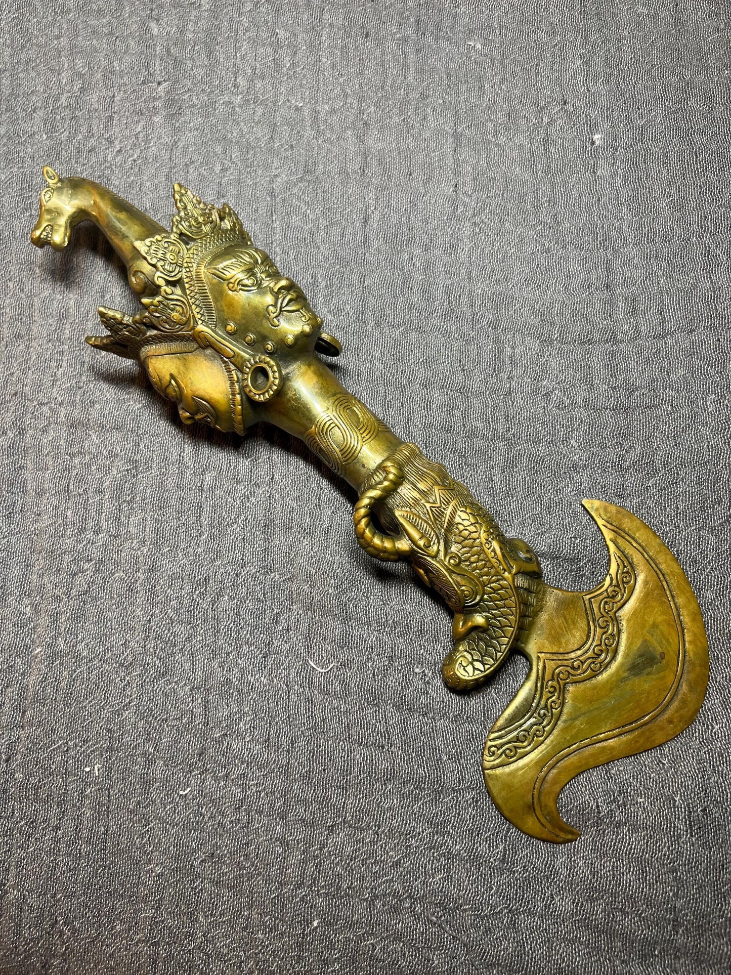 Antique Tibetan Bronze Phurba Dagger: Mahakala, 11" Ritual Knife
