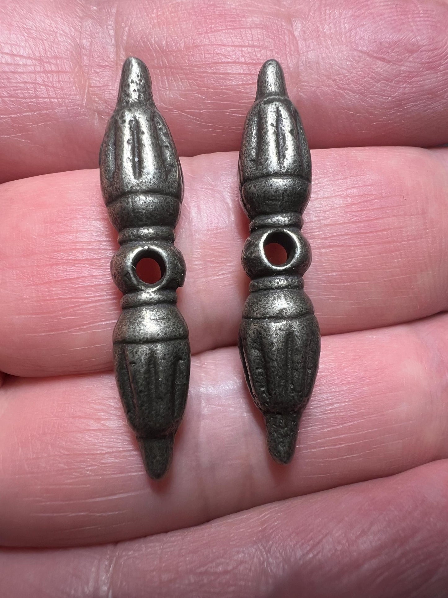 Tibetan White Copper Vajra Dorje Pendants: Buddhist Amulet Charms, Nepal (2pc)