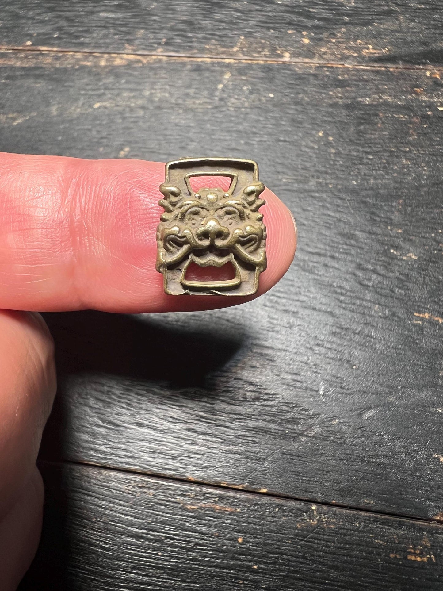 Vintage Chinese Copper Lion Shield Buckle: Buddhist Confucian Ornament