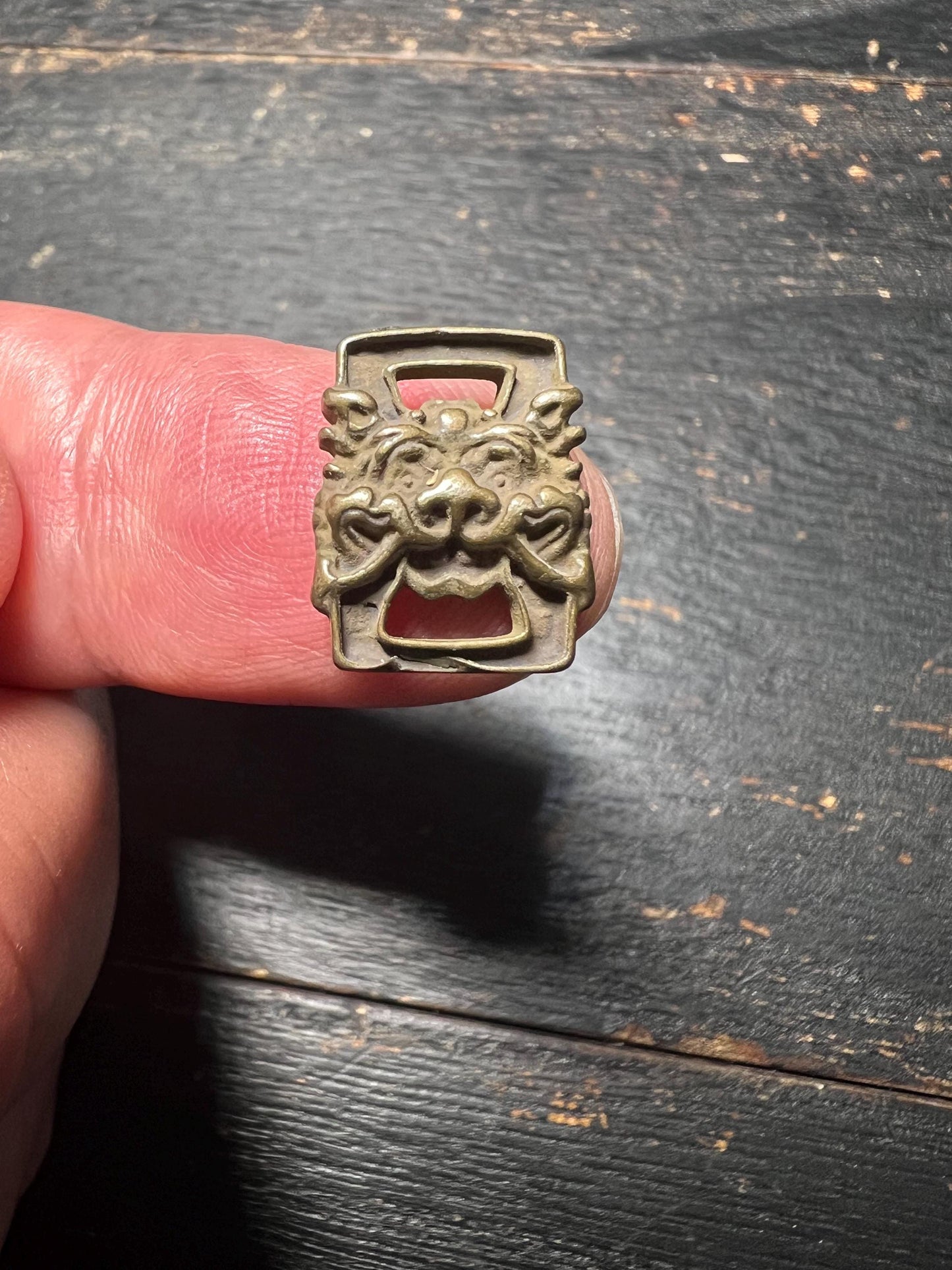 Vintage Chinese Copper Lion Shield Buckle: Buddhist Confucian Ornament