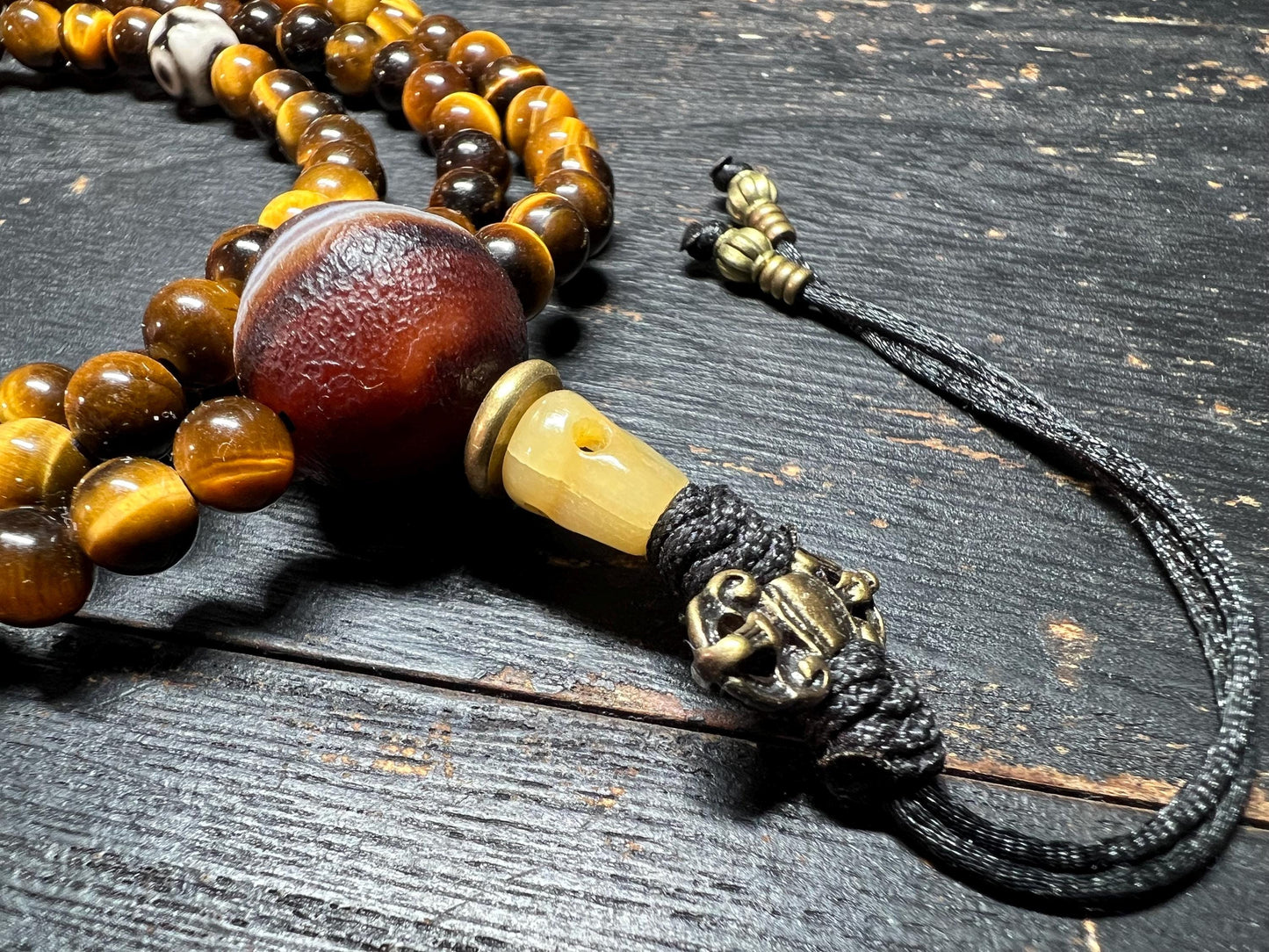 Tiger Eye Crystal Mala Necklace: Tibetan Dzi Agate Prayer Beads
