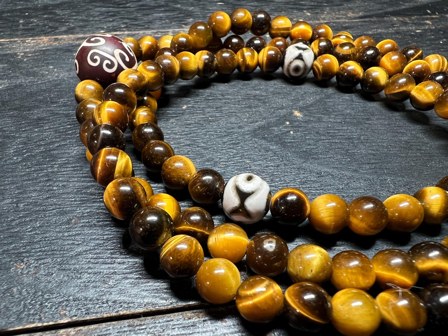 Tiger Eye Crystal Mala Necklace: Tibetan Dzi Agate Prayer Beads