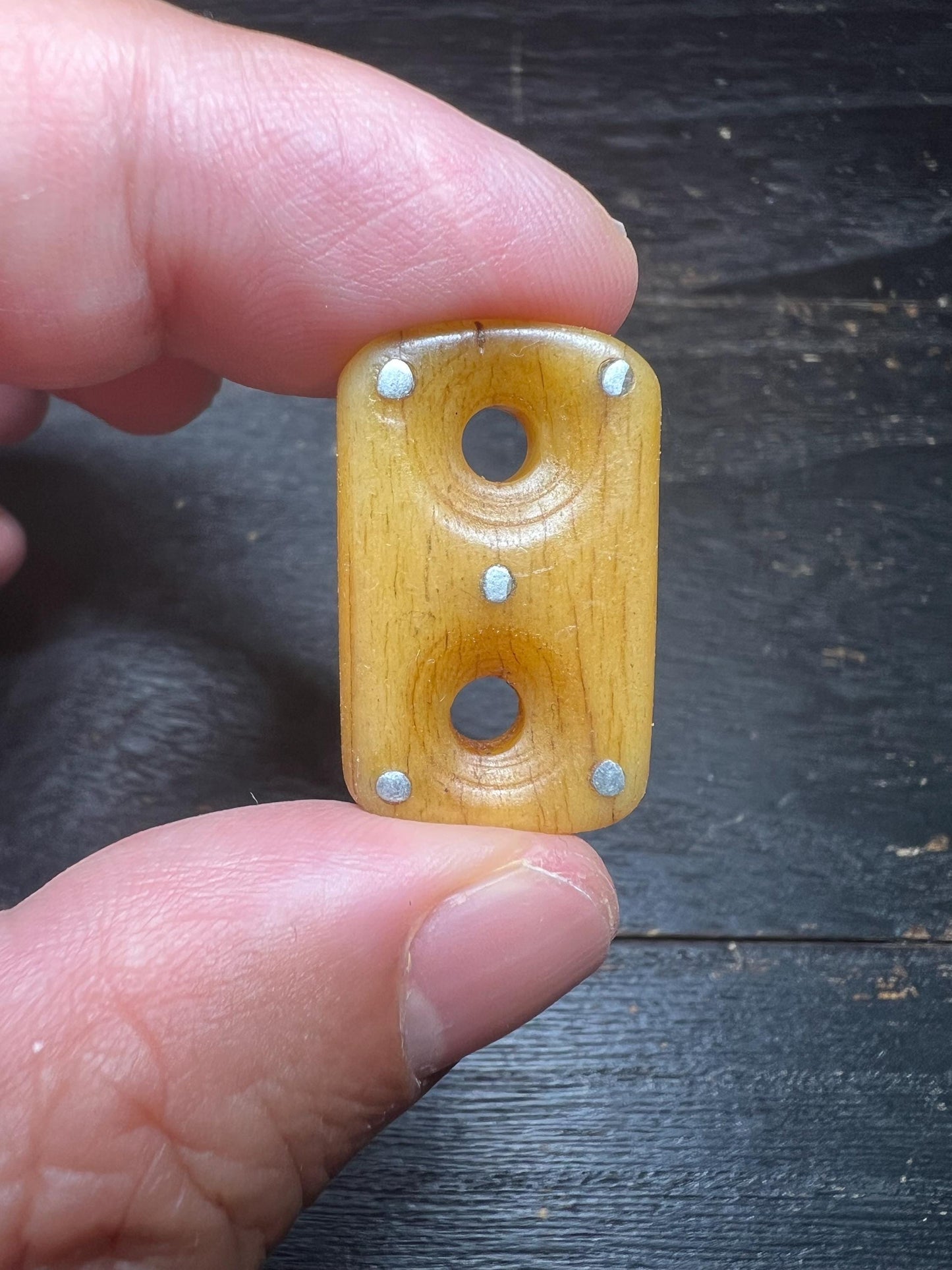 Hand-Carved Yak Bone Spacer Bead with Metal Inlay – Rectangular Double-Hole Connector for Mala or Jewelry Making