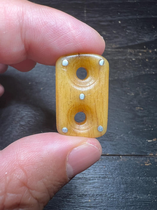 Hand-Carved Yak Bone Spacer Bead with Metal Inlay – Rectangular Double-Hole Connector for Mala or Jewelry Making