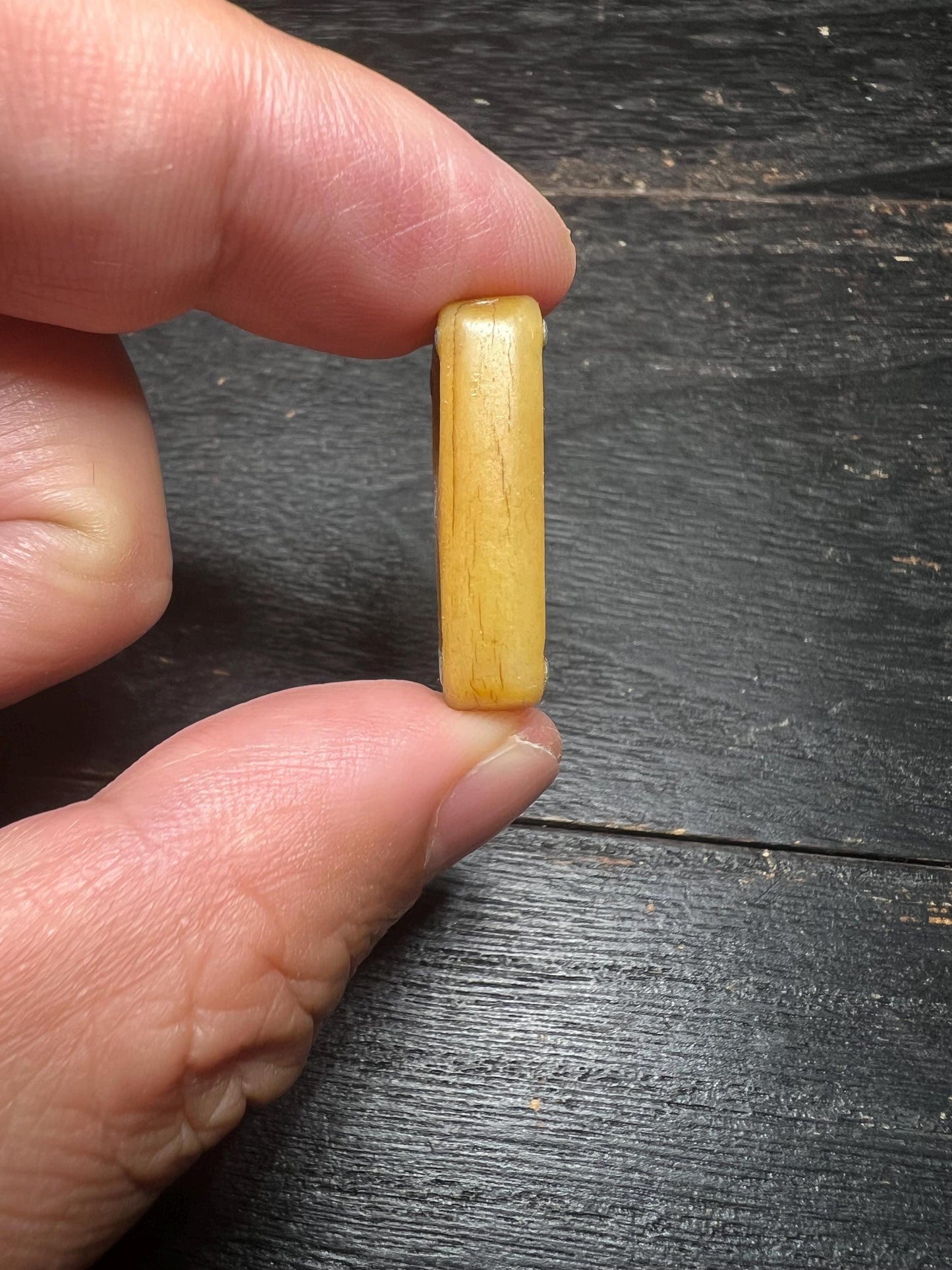 Hand-Carved Yak Bone Spacer Bead with Metal Inlay – Rectangular Double-Hole Connector for Mala or Jewelry Making