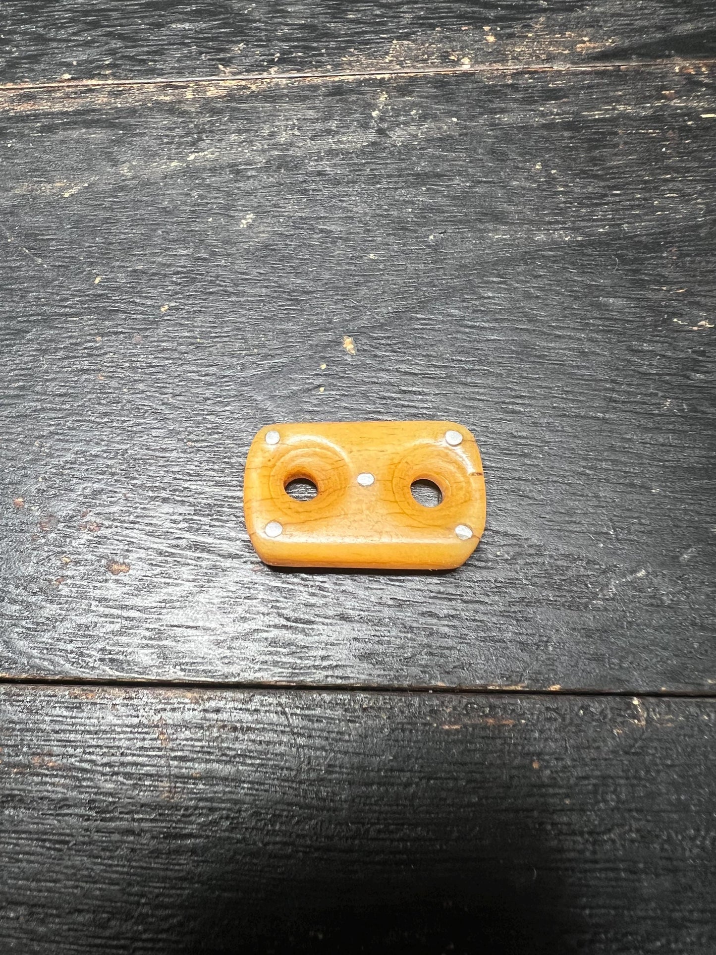 Hand-Carved Yak Bone Spacer Bead with Metal Inlay – Rectangular Double-Hole Connector for Mala or Jewelry Making
