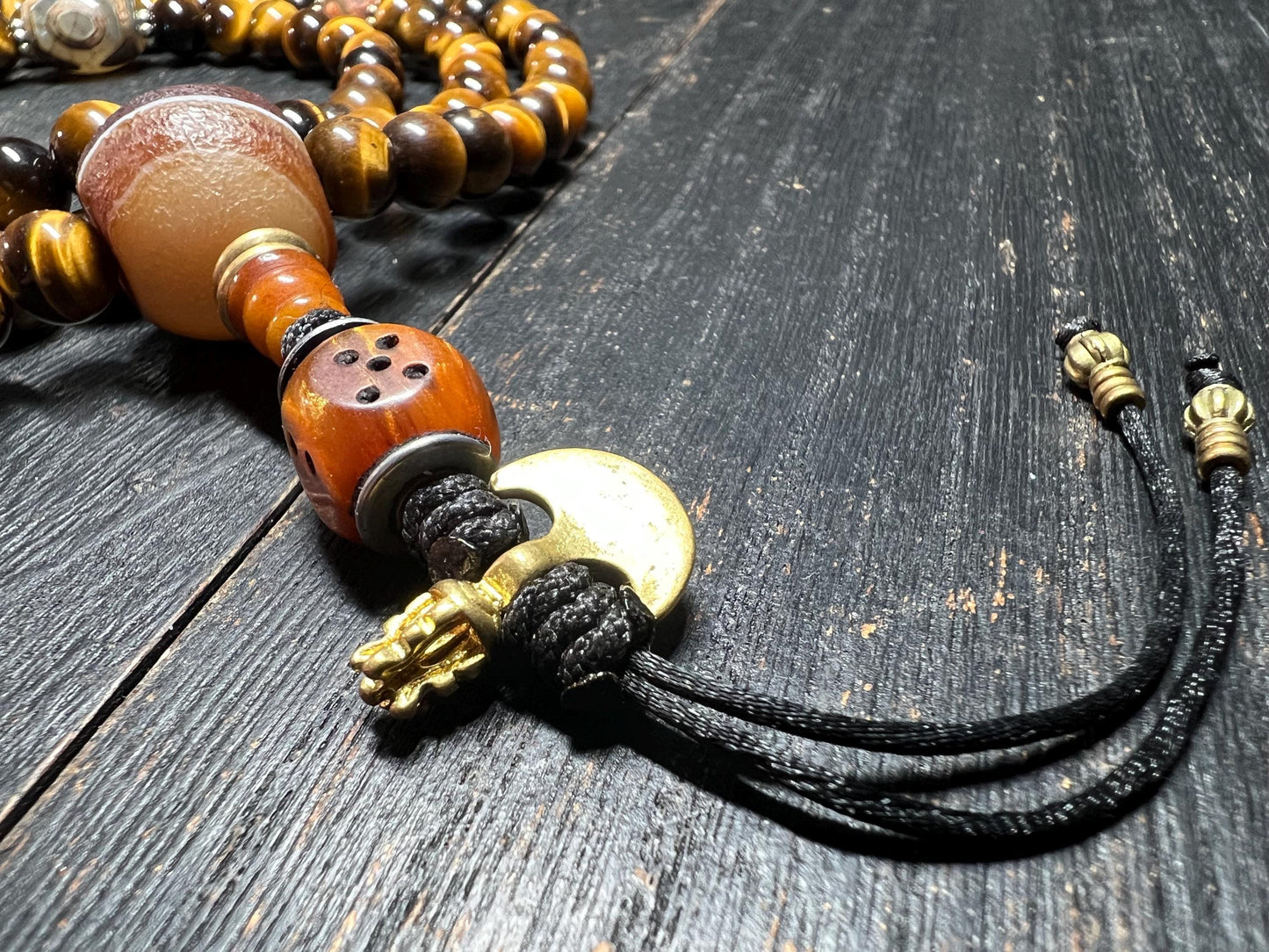 Tiger Eye Crystal Mala Necklace: Tibetan Dzi Agate Prayer Beads