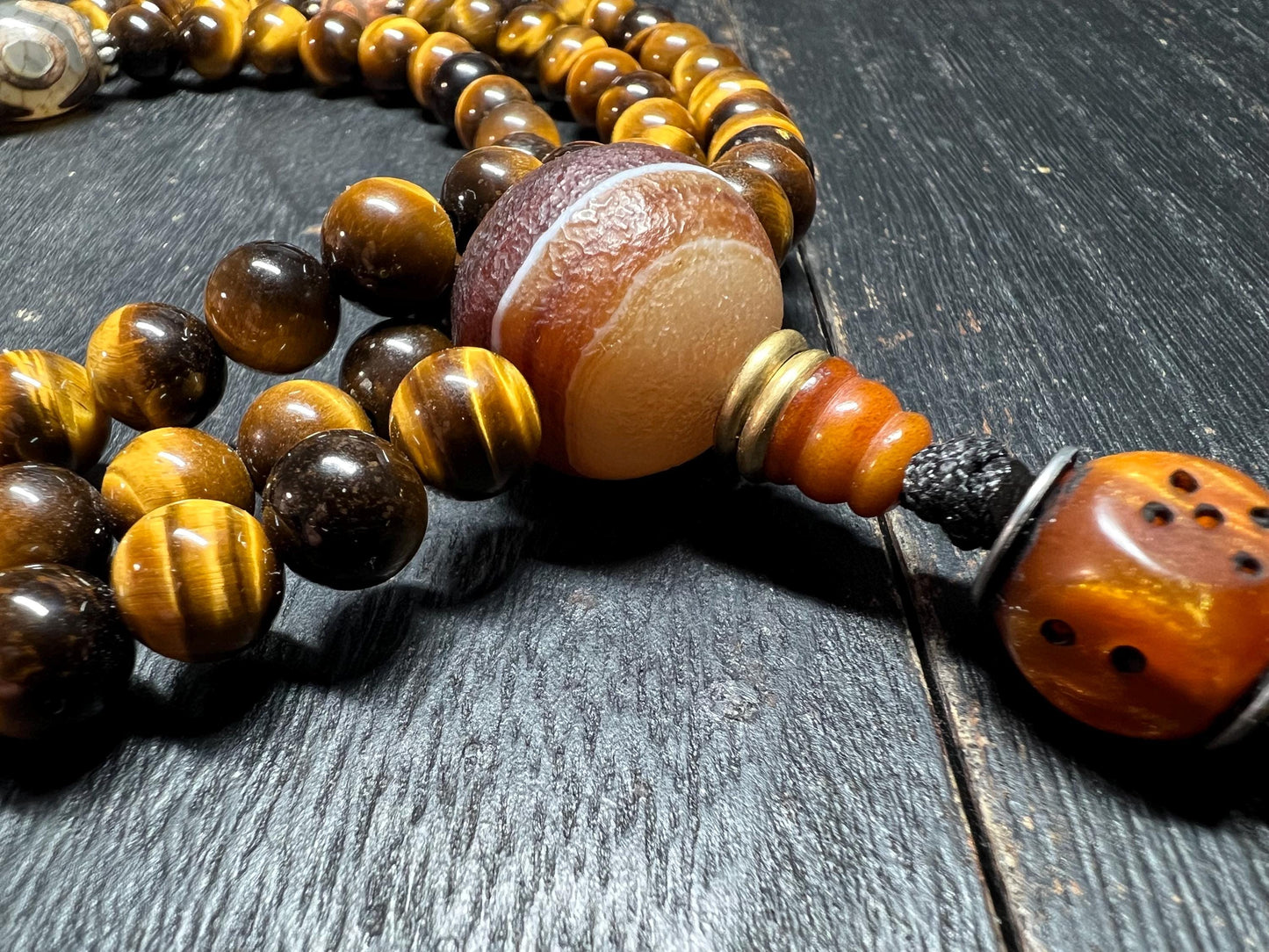 Tiger Eye Crystal Mala Necklace: Tibetan Dzi Agate Prayer Beads