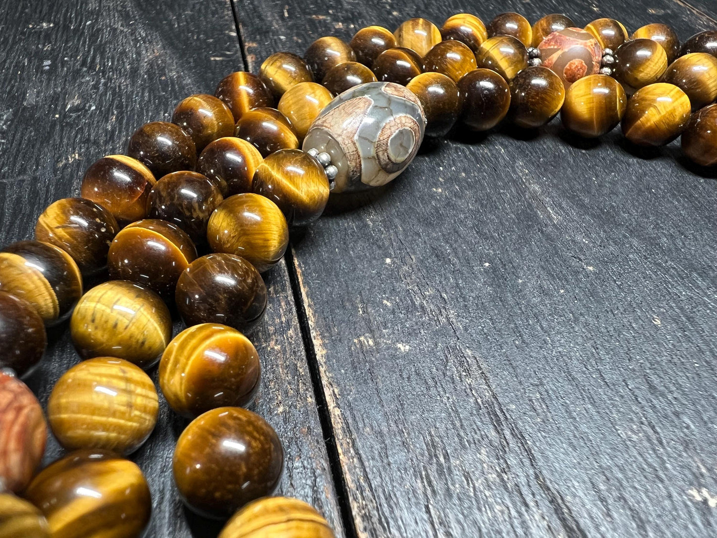 Tiger Eye Crystal Mala Necklace: Tibetan Dzi Agate Prayer Beads