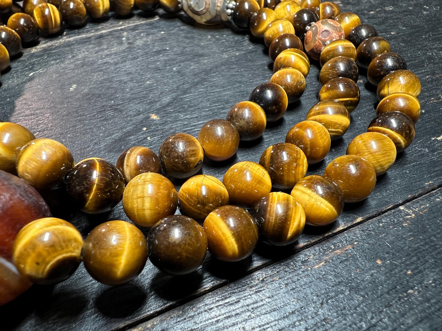 Tiger Eye Crystal Mala Necklace: Tibetan Dzi Agate Prayer Beads