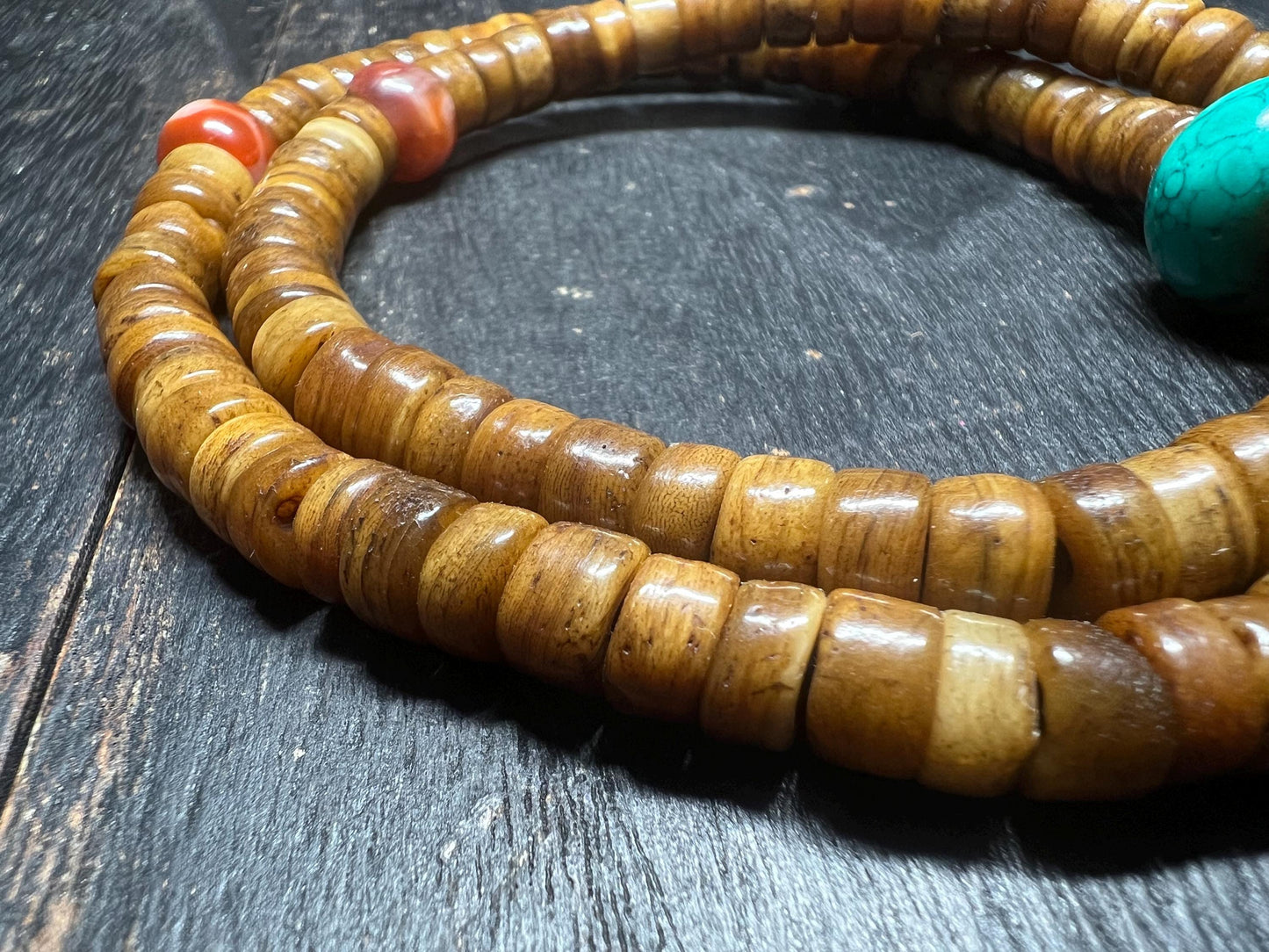 Yak Bone Mala: Tibetan Buddhist Prayer Beads with Glass Accents