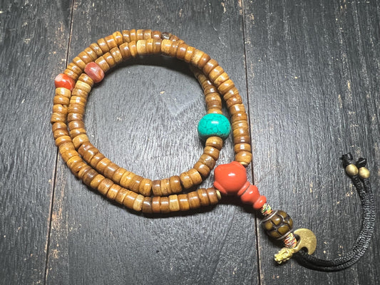 Yak Bone Mala: Tibetan Buddhist Prayer Beads with Glass Accents