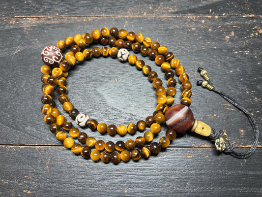 Tiger Eye Crystal Mala Necklace: Tibetan Dzi Agate Prayer Beads