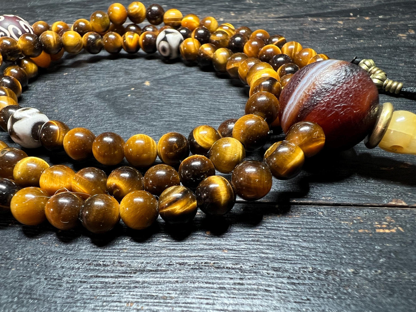 Tiger Eye Crystal Mala Necklace: Tibetan Dzi Agate Prayer Beads