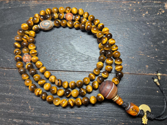 Tiger Eye Crystal Mala Necklace: Tibetan Dzi Agate Prayer Beads
