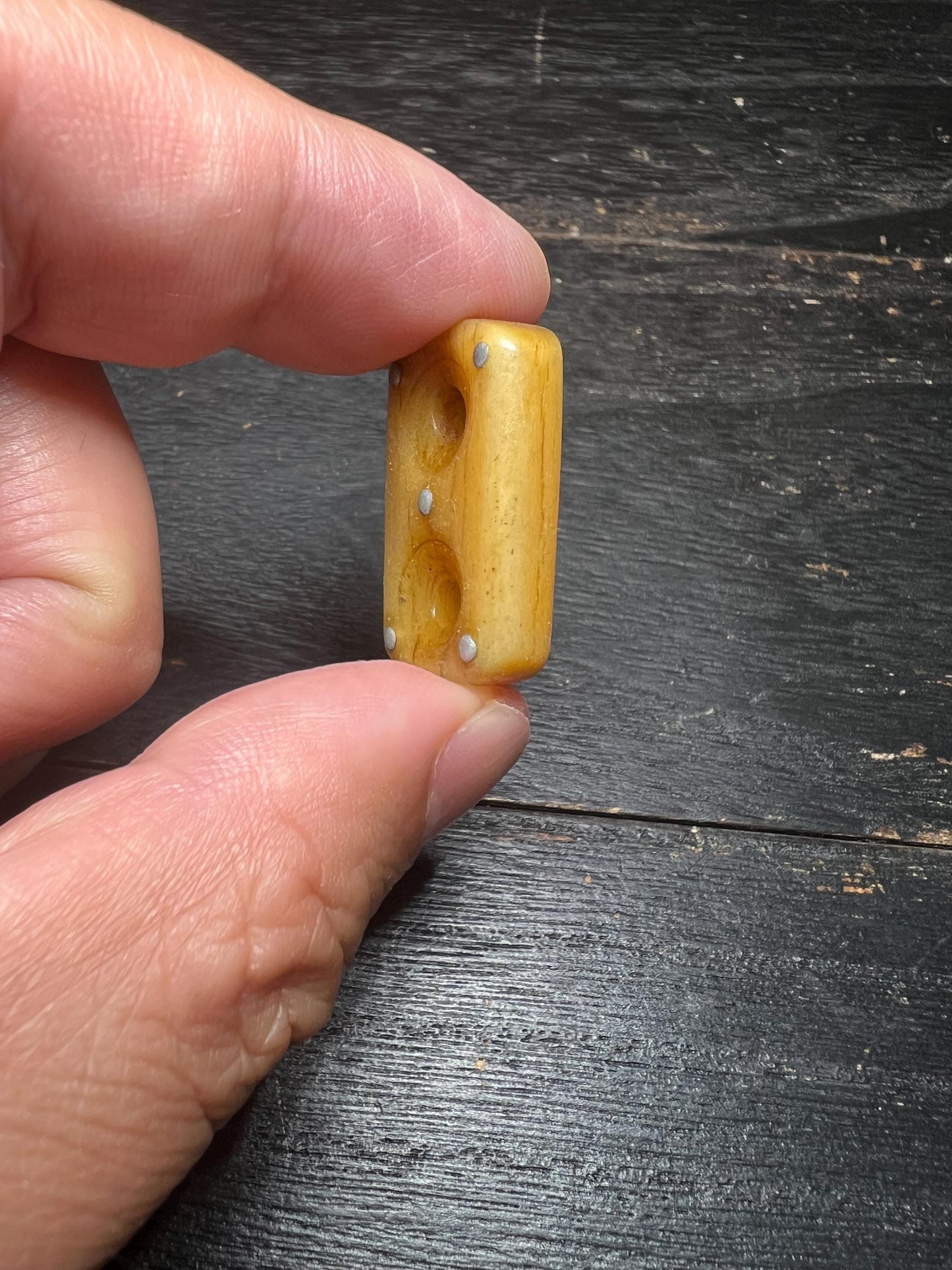 Hand-Carved Yak Bone Spacer Bead with Metal Inlay – Rectangular Double-Hole Connector for Mala or Jewelry Making