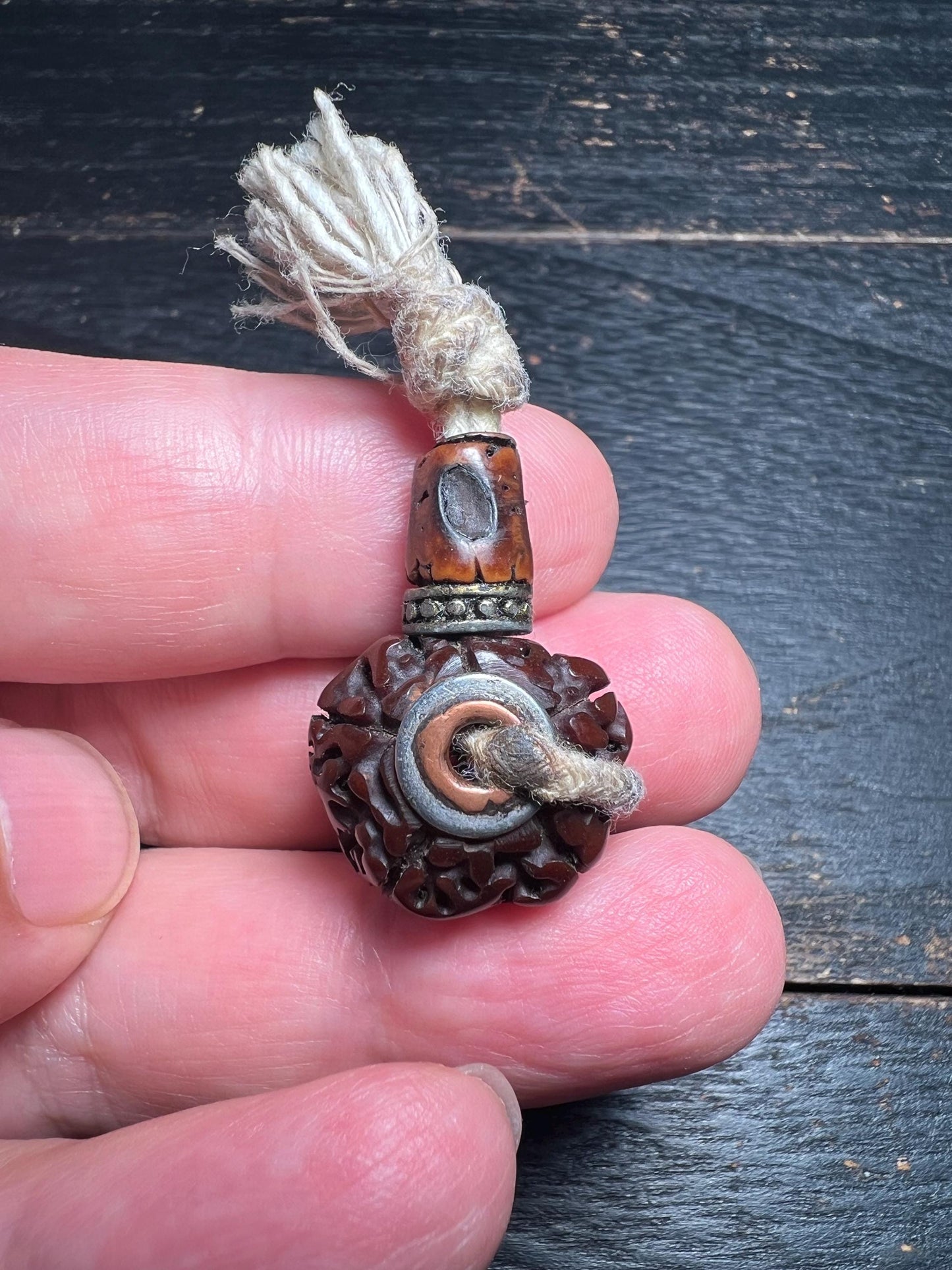 Vintage Rudraksha Guru Bead | Tibetan Buddhist Mala 3-Hole Bead | Nepal Himalayan Prayer Bead