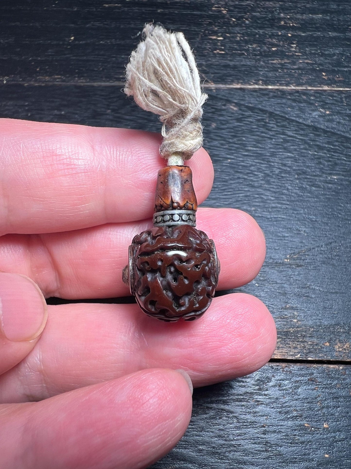 Vintage Rudraksha Guru Bead | Tibetan Buddhist Mala 3-Hole Bead | Nepal Himalayan Prayer Bead
