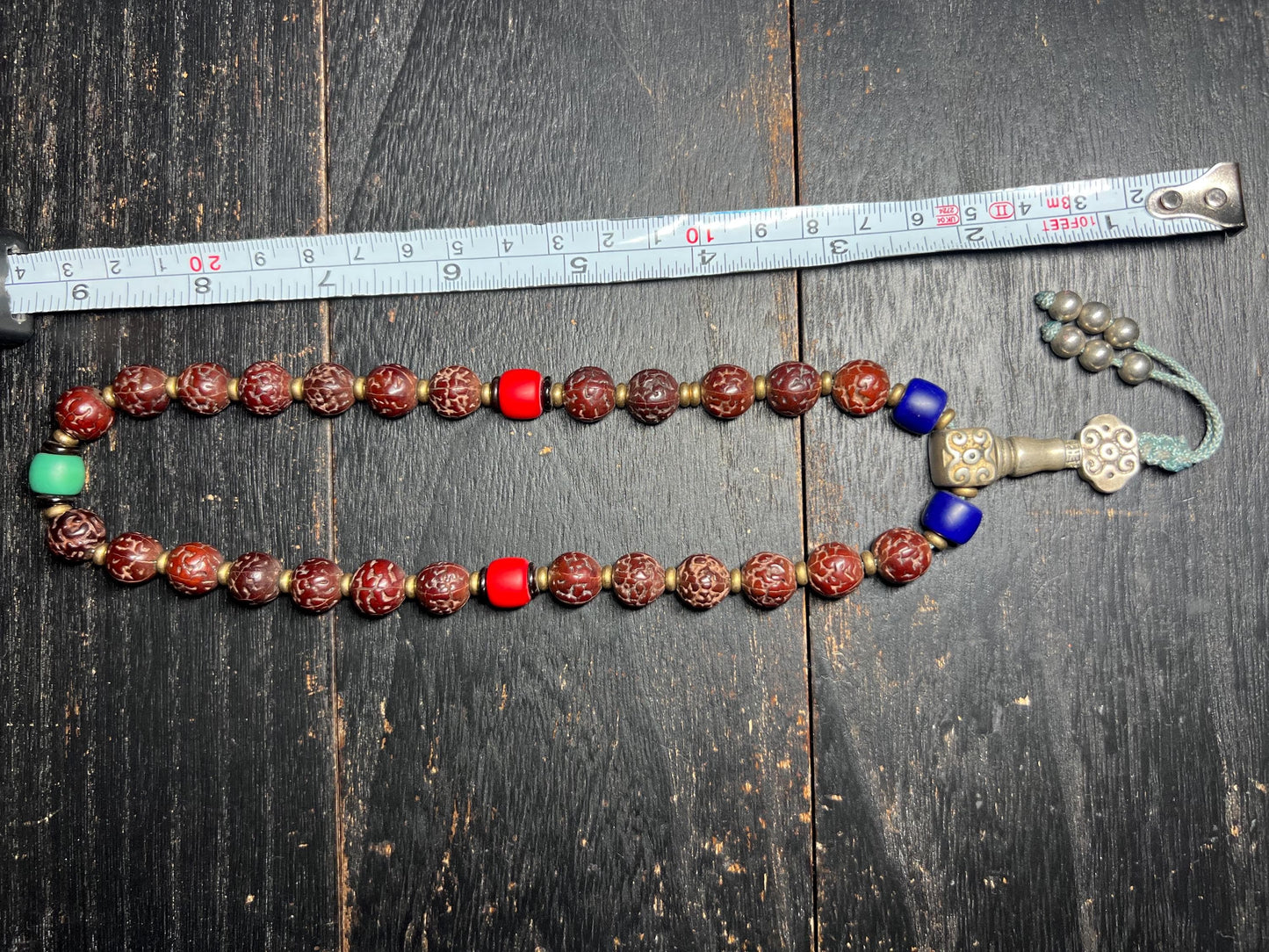 Handmade Tibetan Bodhi Seed Mala – Short Prayer Bead Strand with Silver Guru Bead & Colorful Accents | Buddhist Meditation Beads