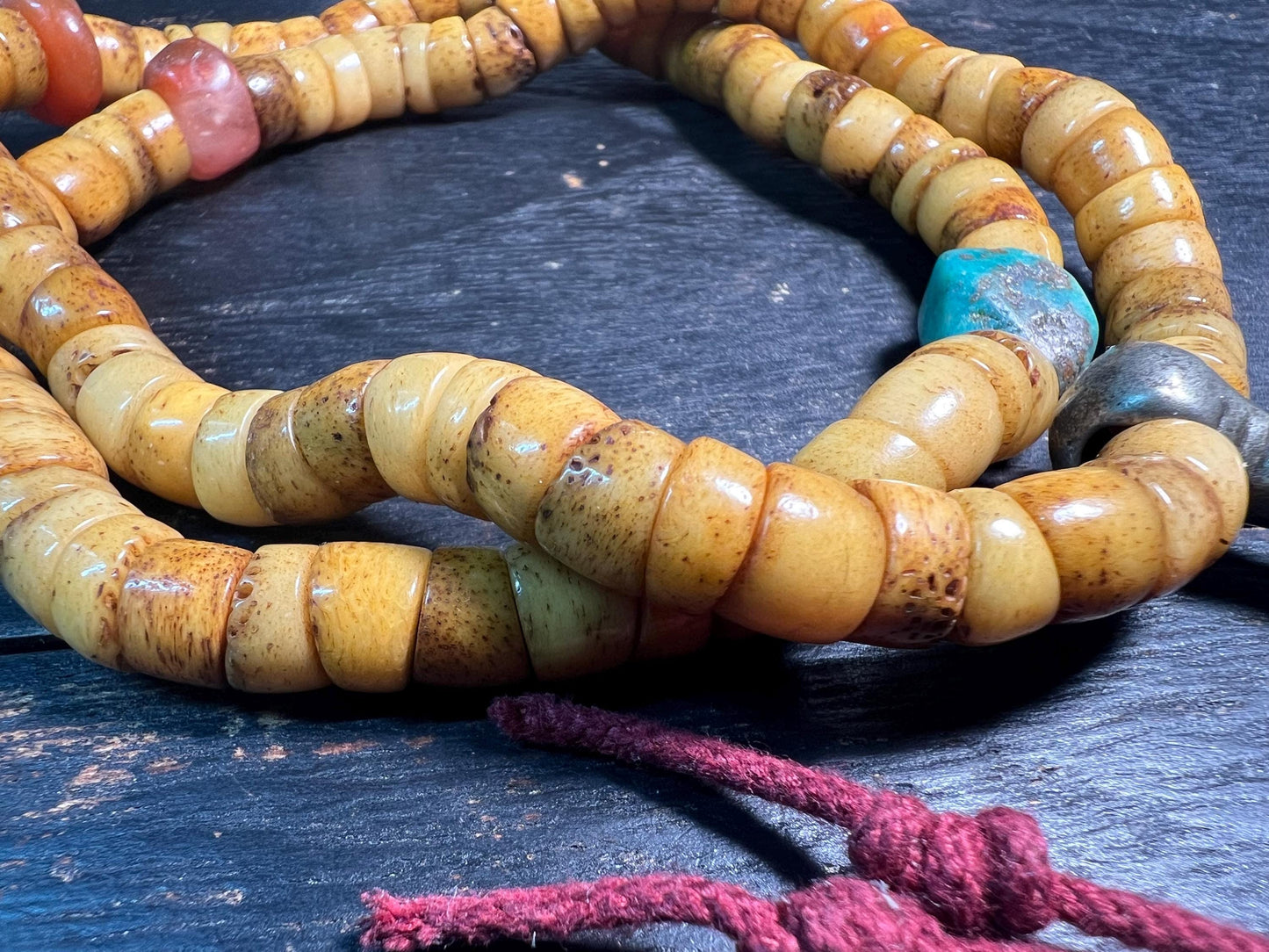 Tibetan Yak Bone Mala 108 Beads | Coral & Turquoise Accents | Buddhist Prayer Beads Necklace, Himalayan Meditation Rosary