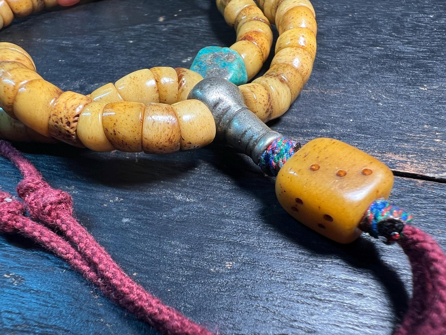 Tibetan Yak Bone Mala 108 Beads | Coral & Turquoise Accents | Buddhist Prayer Beads Necklace, Himalayan Meditation Rosary