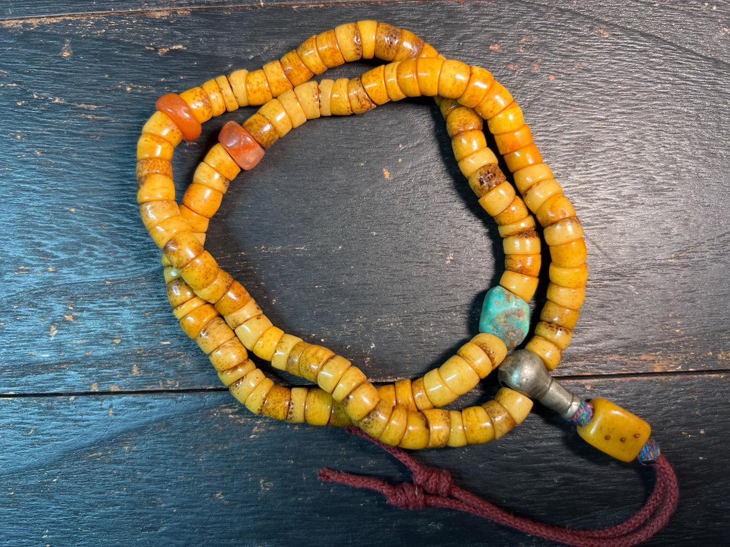 Tibetan Yak Bone Mala 108 Beads | Coral & Turquoise Accents | Buddhist Prayer Beads Necklace, Himalayan Meditation Rosary