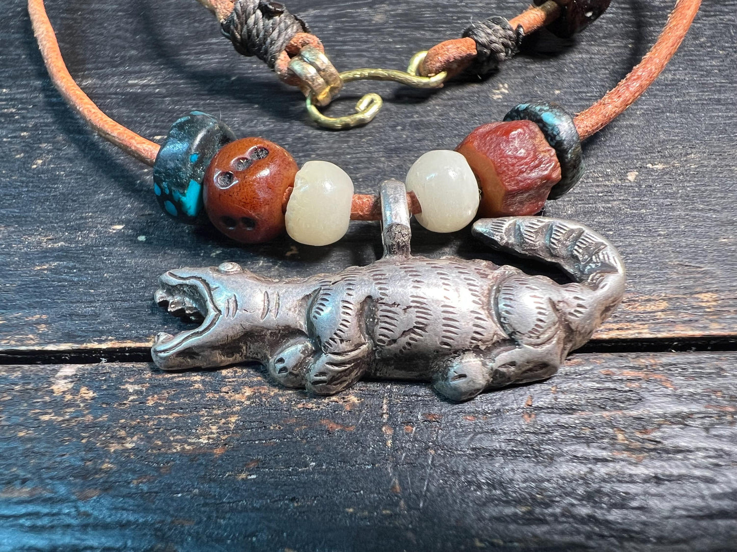 Tibetan Sterling Silver Crocodile Necklace | 925 Silver Amulet with Turquoise Spacers & Tribal Beads | Himalayan Jewelry