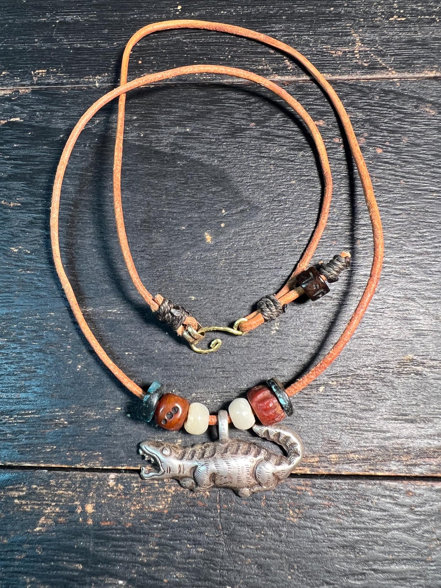 Tibetan Sterling Silver Crocodile Necklace | 925 Silver Amulet with Turquoise Spacers & Tribal Beads | Himalayan Jewelry